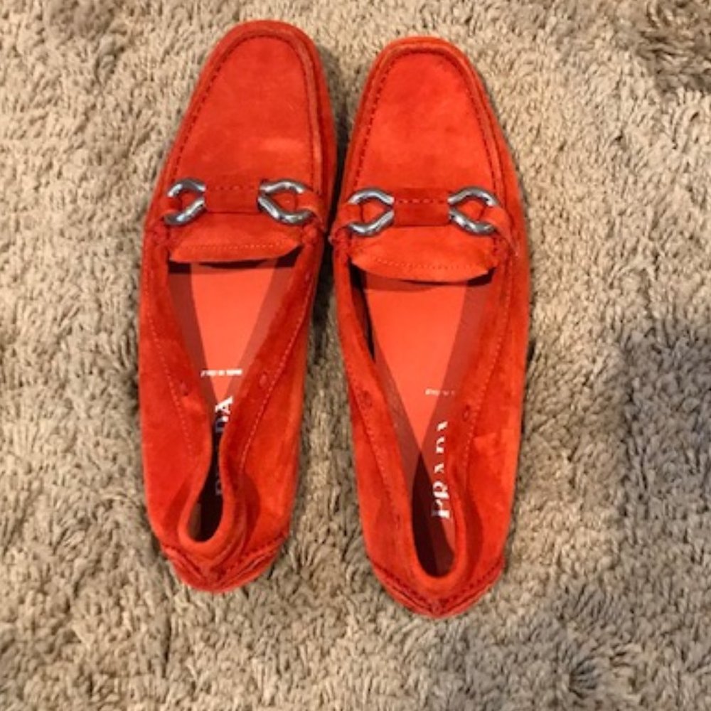 Great looking red suede Prada loafers, size 37